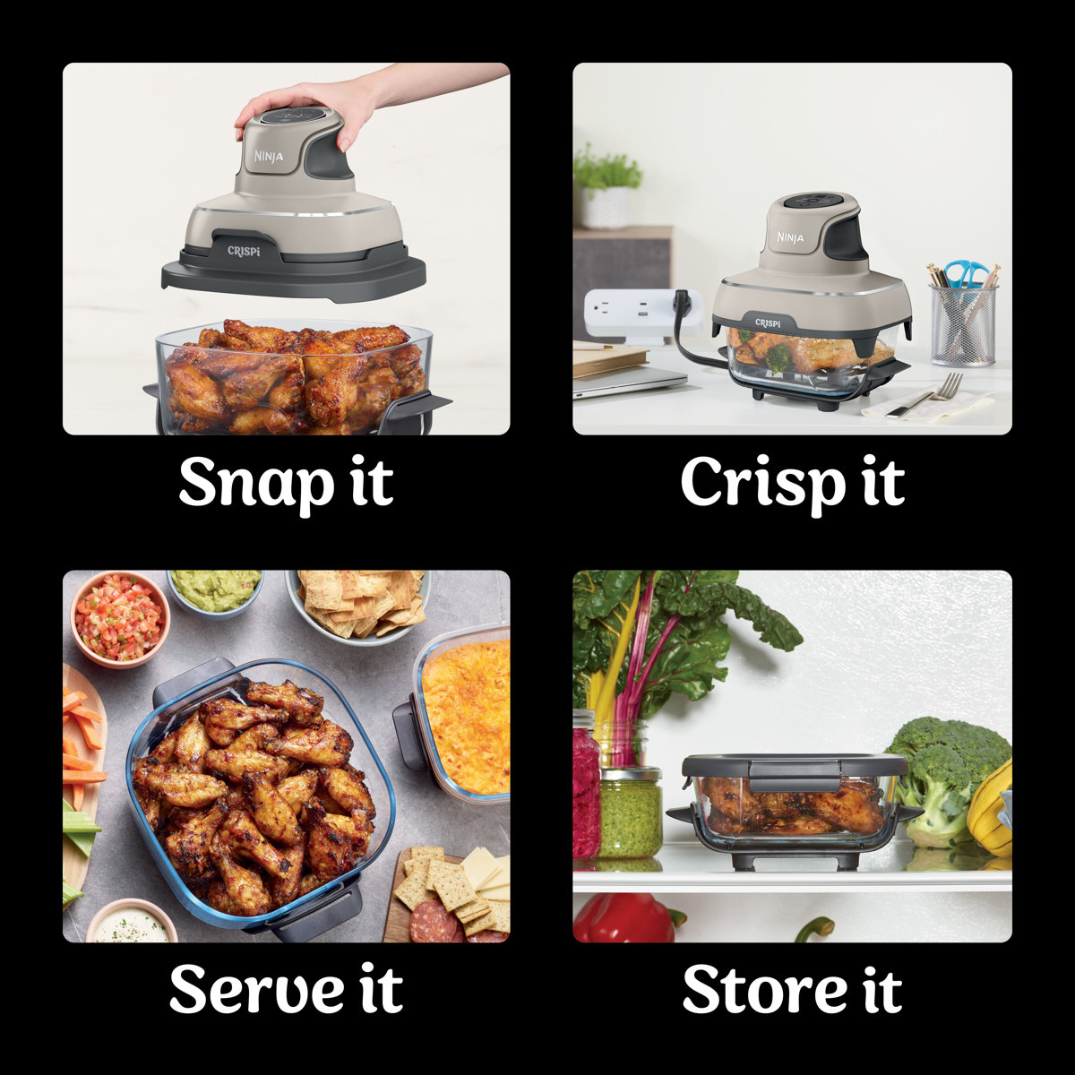 Ninja Crispi 4-in-1 Portable Glass Air Fryer Cooking System, 4 QT & 6 Cup Glass Containers with Storage Lids, Easy Meals, Microwave, Freezer & Dishwasher Safe, Air Fry, Bake, & More